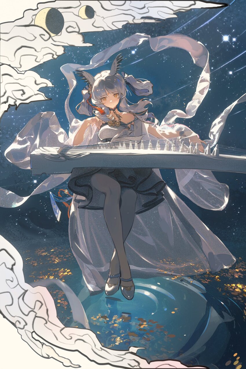 1girl, arknights, blue_background, commentary, dress, full_body, highres, instrument