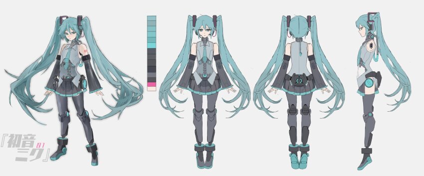 1girl, android, aqua_eyes, aqua_hair, arms_at_sides, reference_sheet, color_guide, detached_sleeves