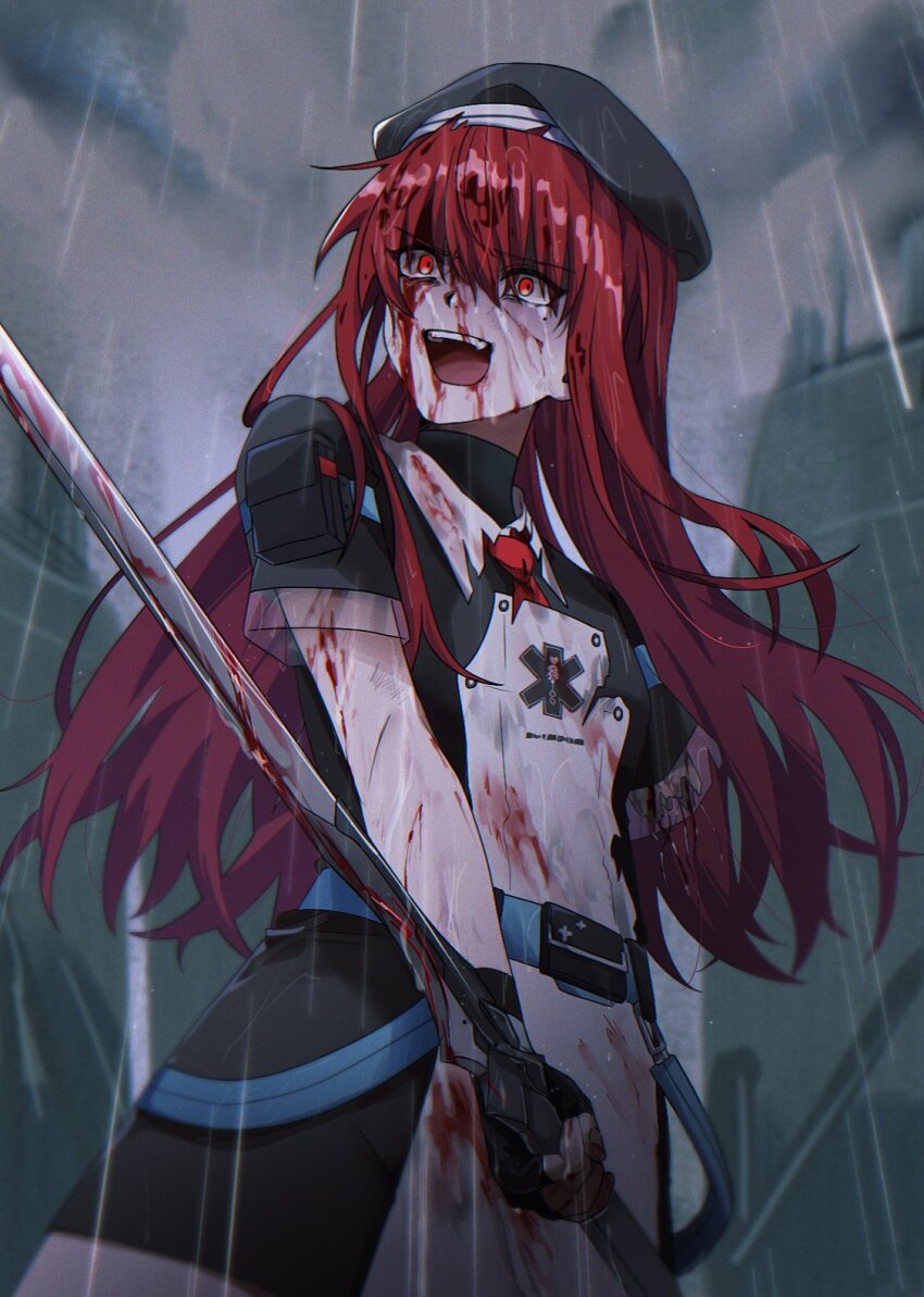 1girl, beret, black_dress, black_gloves, black_hat, blood, blood_on_arm, blood_on_clothes, blood_on_face, blood_on_hands, bloody_weapon, dress, eipenor, fingerless_gloves, gloves, hat, highres, holding, holding_sword, holding_weapon, long_hair, open_mouth, punishing:_gray_raven, rain, red_eyes, red_hair, short_dress, short_sleeves, solo, sword, teeth, two-tone_dress, upper_teeth_only, vera_(pgr), weapon, white_dress