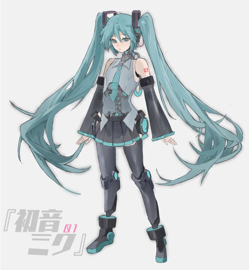 1girl, android, aqua_eyes, aqua_hair, arms_at_sides, detached_sleeves, full_body, grey_background