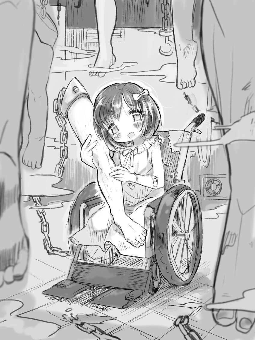 1girl, amputee, bandaid, bandaid_on_arm, blurry, blurry_foreground, blush, bow