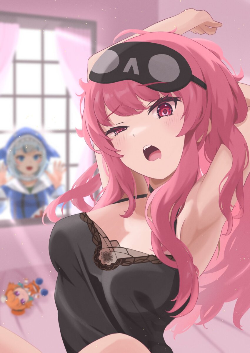 2girls, animal_costume, animal_hood, arms_up, black_nightgown, blue_eyes, blue_hair, blue_hoodie, blush, breasts, character_doll, cleavage, commentary, doll, english_commentary, eyelashes, gawr_gura, gawr_gura_(1st_costume), grey_hair, half-closed_eye, harituk, highres, hololive, hololive_english, hood, hoodie, lace-trimmed_nightgown, light_particles, long_hair, looking_at_viewer, mask, mask_on_head, messy_hair, mori_calliope, mori_calliope_(sleepwear), multicolored_hair, multiple_girls, nightgown, open_mouth, peeking, pink_eyes, pink_hair, red_eyes, reflection, shark_costume, shark_hood, sleep_mask, sleepwear, solo_focus, streaked_hair, stretching, takanashi_kiara, upper_body, virtual_youtuber, window, yawning