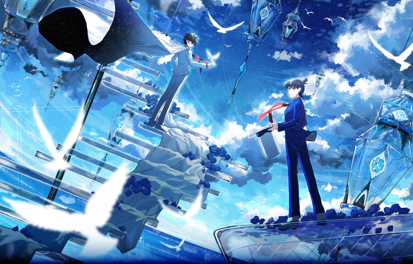 2boys, absurdres, avatra, bird, blue_eyes, blue_jacket, blue_pants, blue_suit