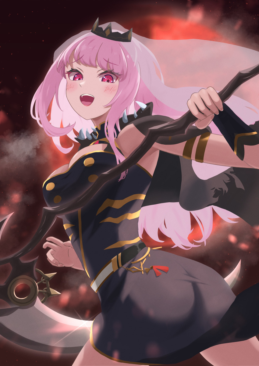 1girl, absurdres, black_cape, black_dress, black_tiara, blush, breasts, cape