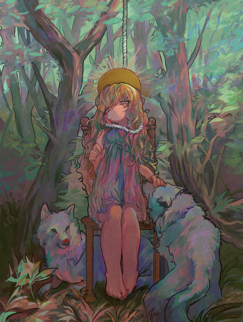 1girl, absurdres, bags_under_eyes, barefoot, blonde_hair, breasts, chair, chemise, closed_mouth, commentary_request, empire_waist, forest, full_body, half-closed_eyes, halo, halo_behind_head, highres, long_hair, mero_(o0x0o0o), nature, noose, on_chair, original, outdoors, petting, purple_eyes, rope_around_neck, sitting, sleeveless, small_breasts, solo, tree, wavy_hair, white_wolf, wolf