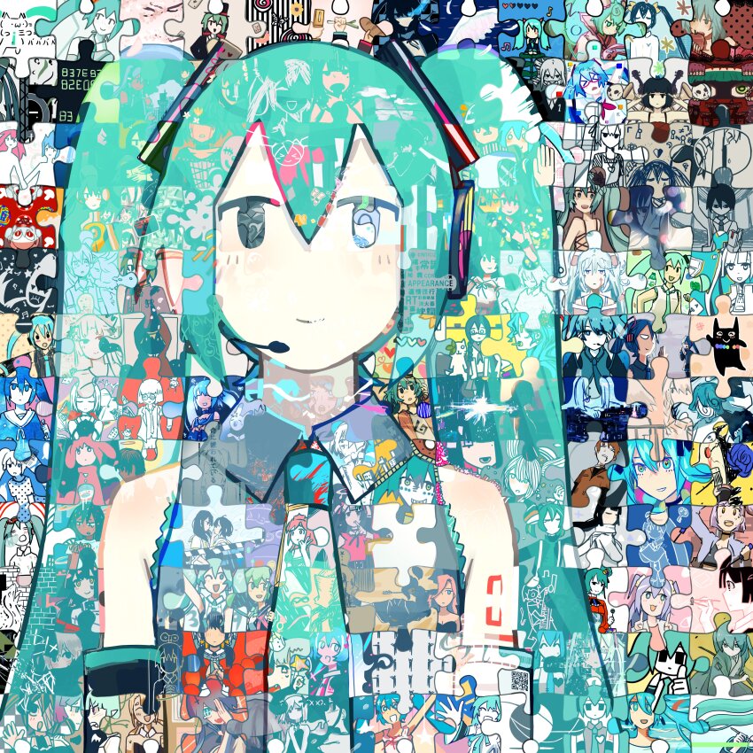 1000-nen_ikiteru_(vocaloid), 1925_(vocaloid), 1girl, 39_(vocaloid), 39_music_(vocaloid), absurdres, ai_dee_(vocaloid), ai_kotoba_iv_(vocaloid), ai_no_uta_(vocaloid), aishite_aishite_aishite_(vocaloid), aka_pen_onegai_shimasu_(vocaloid), akita_neru, arifureta_sekai_seifuku_(vocaloid), babylon_(vocaloid), beaver_(vocaloid), bitter_choco_decoration_(vocaloid), black_rock_shooter, black_rock_shooter_(character), blue_hair, boku_wa_hatsune_miku_to_kisu_wo_shita_(vocaloid), bungaku_shounen_no_yuuutsu_(vocaloid), buriki_no_dance_(vocaloid), calc._(vocaloid), collared_shirt, commentary, dance_robot_dance_(vocaloid), darling_dance_(vocaloid), devil_janai_mon_(vocaloid), dou_iu_koto_nano!?_(vocaloid), dramaturgy_(eve), electric_angel_(vocaloid), eletenshi, eye_(vocaloid), freely_tomorrow_(vocaloid), future_eve_(vocaloid), gaikotsu_gakudan_to_riria_(vocaloid), ghost_rule_(vocaloid), gimmexgimme_(vocaloid), greenlights_serenade_(vocaloid), hana_ni_kaze_(vocaloid), hatsune_miku, hatsune_miku_(heartbeat), hatsune_miku_no_gekishou_(vocaloid), hatsune_miku_no_shoushitsu_(vocaloid), headphones, headset, hello_marina_(vocaloid), hello_planet_(vocaloid), highres, himitsu_keisatsu_(vocaloid), hitorinbo_envy_(vocaloid), inochi_ni_kirawarete_iru._(vocaloid), kagerou_days_(vocaloid), karakuri_pierrot_(vocaloid), kasane_teto, kimi_no_taion_(vocaloid), kochira_koufuku_anshin_iinkai_desu_(vocaloid), kono_fuzaketa_subarashiki_sekai_wa_boku_no_tame_ni_aru_(vocaloid), long_hair, looking_at_viewer, marshmary_(vocaloid), matryoshka_(vocaloid), melt_(vocaloid), miku_miku_ni_shite_ageru_(vocaloid), miracle_paint_(vocaloid), mushroom_mother_(vocaloid), necktie, nounai_kakumei_girl_(vocaloid), odds_&amp;_ends_(vocaloid), okotowari_shimasu_(vocaloid), paradise_meisekimu_(vocaloid), psi_(vocaloid), puzzle_piece, rinne_(vocaloid), rolling_girl_(vocaloid), romeo_to_cinderella_(vocaloid), saihate_(vocaloid), sakura_no_ame_(vocaloid), senbonzakura_(vocaloid), shikabane_no_odori_(vocaloid), shinitagari_(vocaloid), shinkai_shoujo_(vocaloid), shirt, shoujo_rei_(vocaloid), shunran_(vocaloid), sleeveless, sleeveless_shirt, smile, snooze_(vocaloid), solo_focus, song_request, songover, strobe_last_(vocaloid), suishitai_wa_koi_shitai_(vocaloid), suna_no_wakusei_(vocaloid), tell_your_world_(vocaloid), tengoku_e_ikou_(vocaloid), teo_(vocaloid), time_machine_(vocaloid), triple_baka_(vocaloid), tsugihagi_staccato_(vocaloid), twintails, umiyuri_kaiteitan_(vocaloid), ura-omote_lovers_(vocaloid), utau, vampire_(vocaloid), viva_happy_(vocaloid), vocaloid, white_letter_(vocaloid), world_is_mine_(vocaloid), yubikiri_(vocaloid), yurufuwa_jukai_girl_(vocaloid)