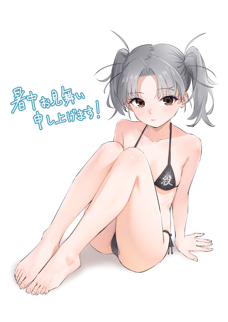 1girl, amuzaki_romu, barefoot, bikini, black_bikini, blush, breasts, brown_eyes