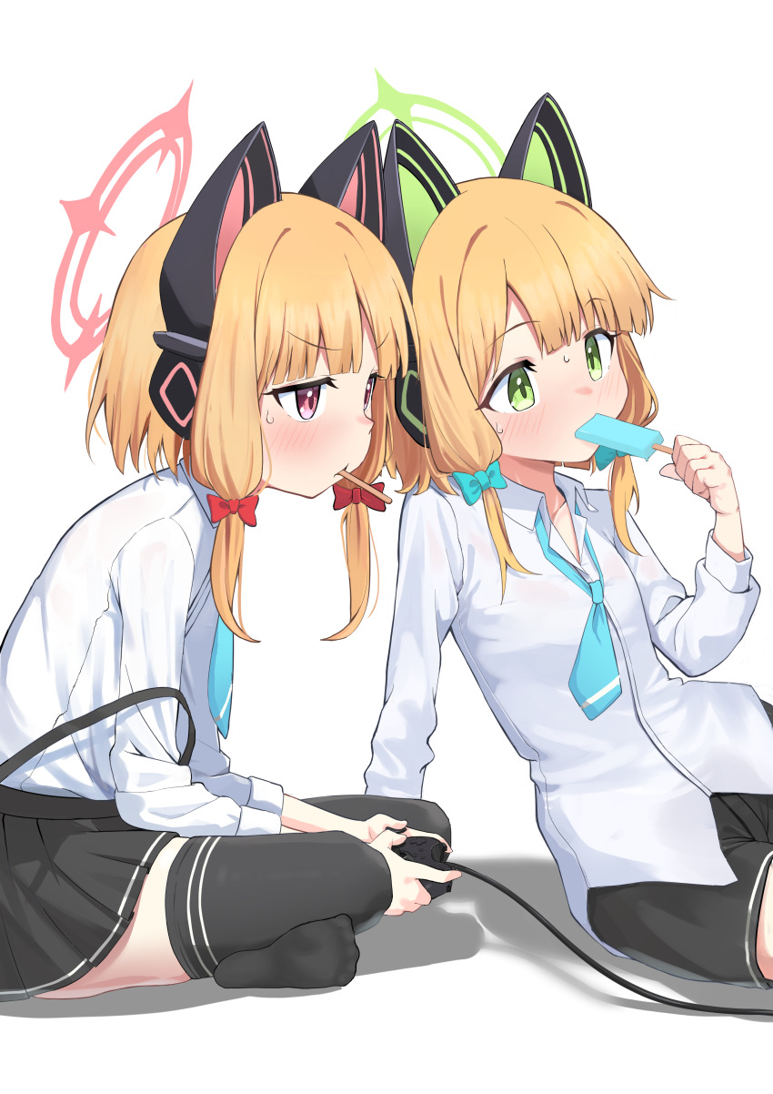 2girls, absurdres, animal_ear_headphones, animal_ears, black_skirt, black_thighhighs, blonde_hair, blue_archive