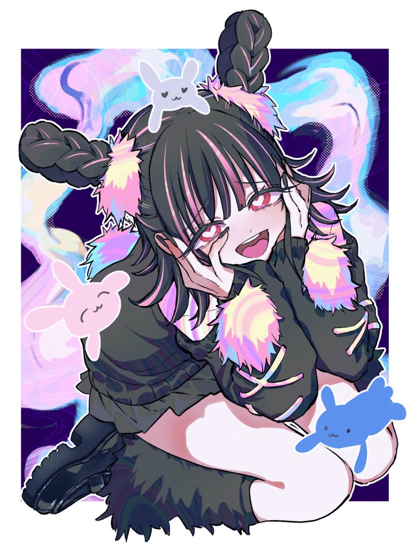 1girl, black_footwear, black_hair, black_nails, black_skirt, black_socks, black_sweater, hands_on_own_face