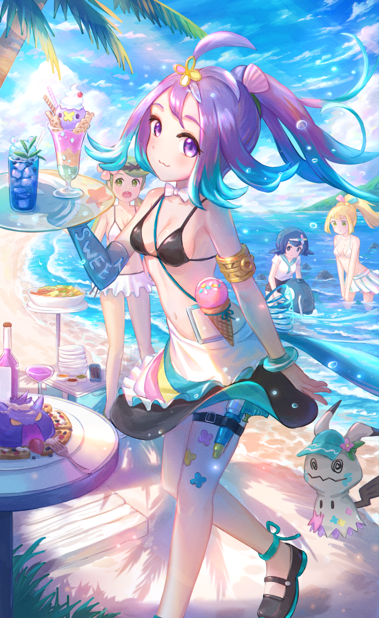 4girls, :3, acerola_(pokemon), alternate_costume, bikini, black_bikini, black_footwear, blonde_hair