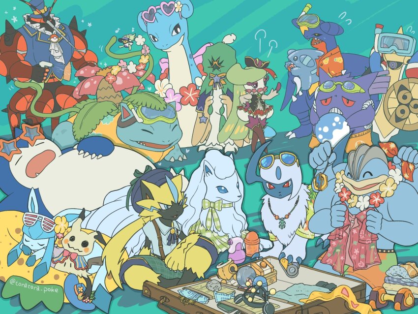 ^_^, absol, absol_(beach), aegislash, aegislash_(beach), alolan_form, alolan_ninetales, alolan_ninetales_(checkered), ball, beachball, bottle, briefcase, buzzwole, buzzwole_(tuxedo), closed_eyes, clothed_pokemon, comfey, comfey_(purple_unite), decidueye, decidueye_(star_cloak), dumbbell, everyone, eyewear_on_head, flower, flower_necklace, folding_clothes, garchomp, garchomp_(beach), gen_1_pokemon, gen_3_pokemon, gen_4_pokemon, gen_6_pokemon, gen_7_pokemon, gengar, gengar_(beach), gible, glaceon, glaceon_(beach), goggles, goggles_on_head, hawaiian_shirt, highres, innertube, jewelry, lapras, lapras_(beach), legendary_pokemon, lei, machamp, machamp_(beach), mimikyu, mimikyu_(pastel), mythical_pokemon, necklace, nintendo, no_humans, open_mouth, pokemon, pokemon_(creature), pokemon_focus, pokemon_unite, potion_(pokemon), rock, shirt, sitting, sleeping, smile, snorkel, snorlax, snorlax_(beach), spray_bottle, suitcase, sunglasses, swim_ring, tora_(tsmc5353), tsareena, tsareena_(captain), ultra_beast, venusaur, venusaur_(beach), zeraora, zeraora_(fashionable)