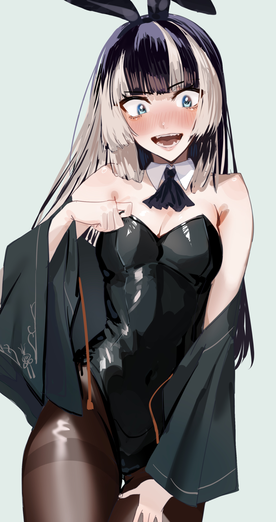 1girl, animal_ears, black_eyeliner, black_hair, black_leotard, blue_eyes, blunt_bangs, blush