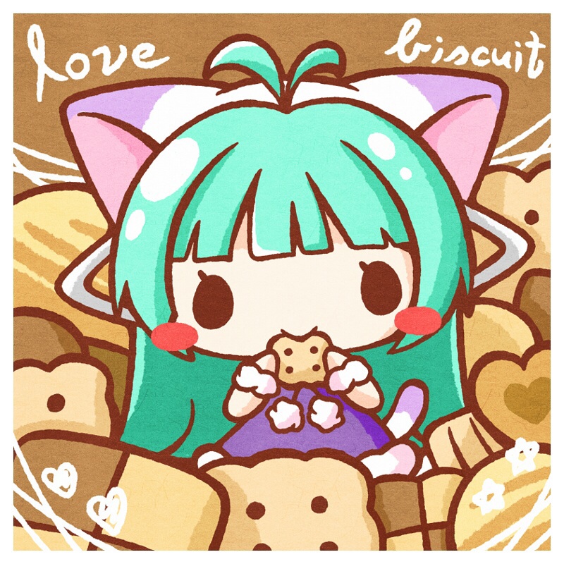 1girl, animal_ears, animal_hat, antenna_hair, aqua_hair, biscuit_(bread), blush_stickers, cat_ears