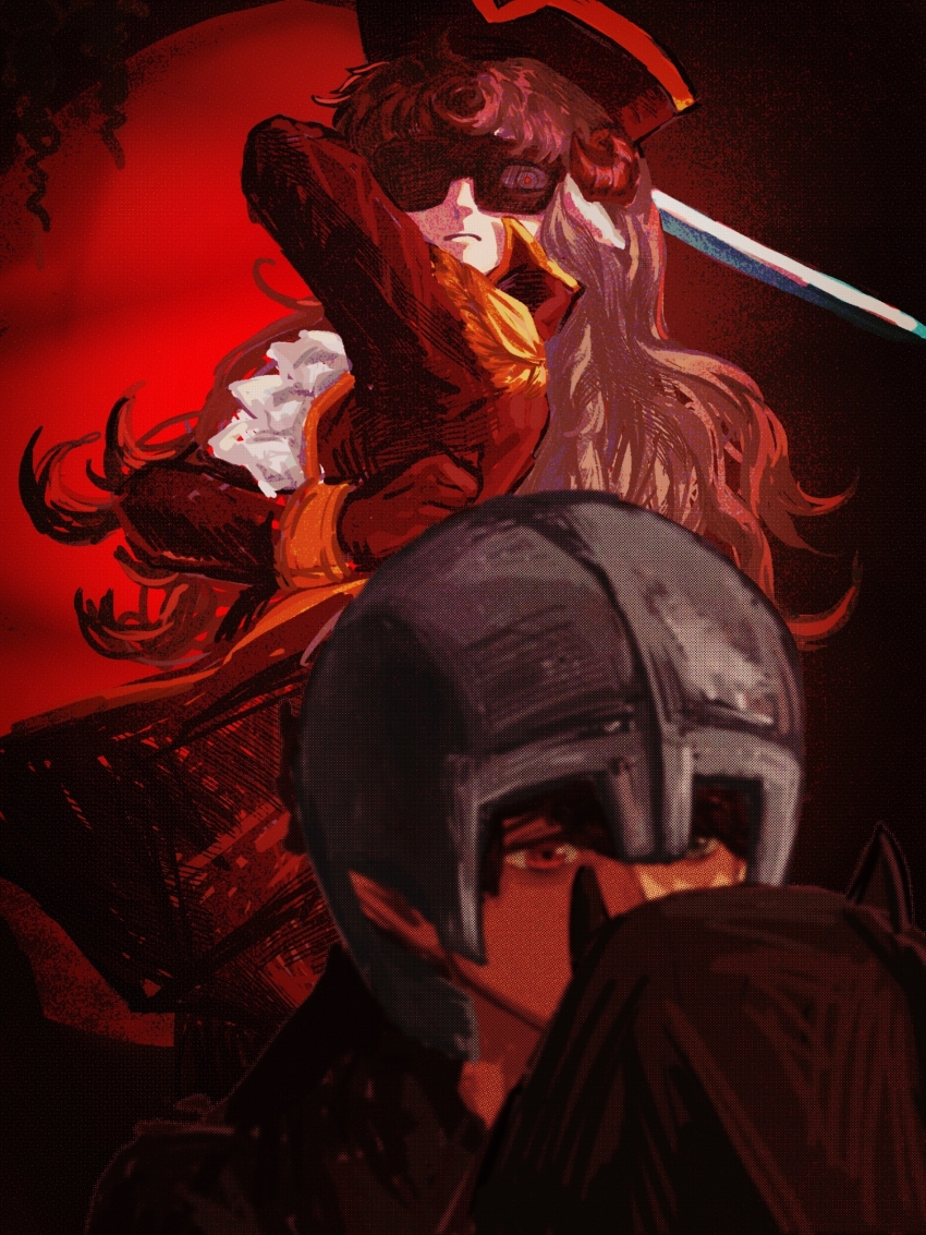 1girl, 2boys, animal_ears, ascot, badboyhalo, blood_vines, brown_hair, captainpuffy