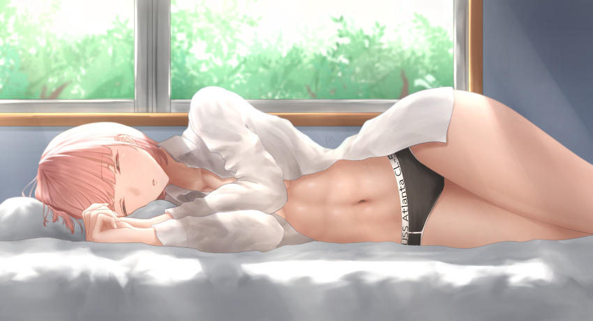 1girl, absurdres, atlanta_(kancolle), black_panties, breasts, brown_hair, closed_eyes, clothes_writing, commentary_request, commission, facing_viewer, highres, kantai_collection, large_breasts, long_hair, long_sleeves, lying, morning, navel, no_bra, on_bed, on_side, open_clothes, open_mouth, open_shirt, panties, pixiv_commission, shirt, shushan, sleeping, solo, toned, toned_female, underwear, white_shirt, wide_hips, window