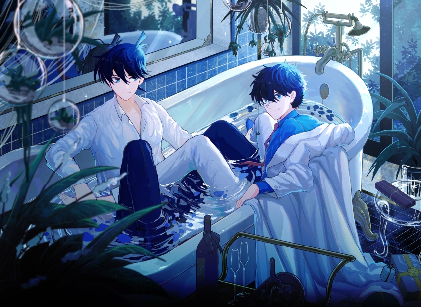 2boys, absurdres, alcohol, avatra, bathroom, bathtub, black_pants, blue_eyes