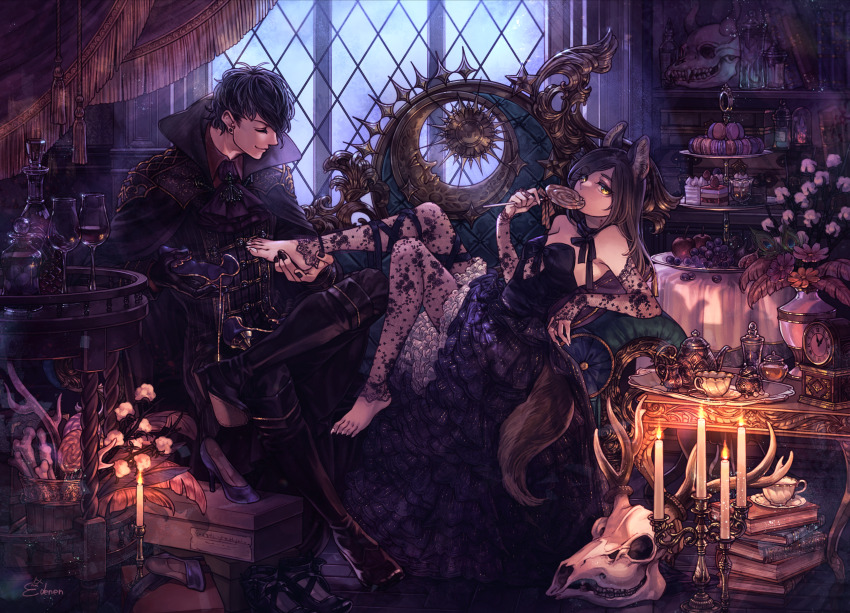 1boy, 1girl, absurdly_detailed_composition, absurdres, alcohol, animal_ears, animal_skull, antlers, apple, ascot, barefoot, bell_jar, black_cloak, black_dress, black_footwear, black_hair, bone, book, book_stack, bookshelf, boots, bottle, box, breasts, brown_hair, cake, cake_slice, candle, candlelight, candy, cloak, clock, couch, crescent, cup, curtains, deer_skull, dress, dressing_another, drinking_glass, edenen-san, fang, figure_four_sitting, flower, food, frilled_dress, frills, fruit, glass, grapes, highres, holding, holding_another's_foot, holding_candy, holding_food, holding_lollipop, horns, indoors, lace, lace_bridal_gauntlets, lace_legwear, lace_pantyhose, layered_dress, loaded_interior, lollipop, long_hair, looking_at_viewer, macaron, moon_(symbol), on_couch, original, pantyhose, peacock_feathers, putting_on_footwear, shoes, sitting, small_breasts, strapless, strapless_dress, sun_symbol, swirl_lollipop, table, tail, tea_set, teacup, teapot, tiered_tray, tray, unworn_shoes, window, wine, wine_bottle, wine_glass, wolf_ears, wolf_girl, wolf_tail