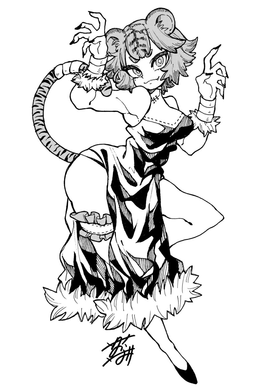 1girl, all_yellow777, double_bun, fang, hair_bun, highres, monochrome, original