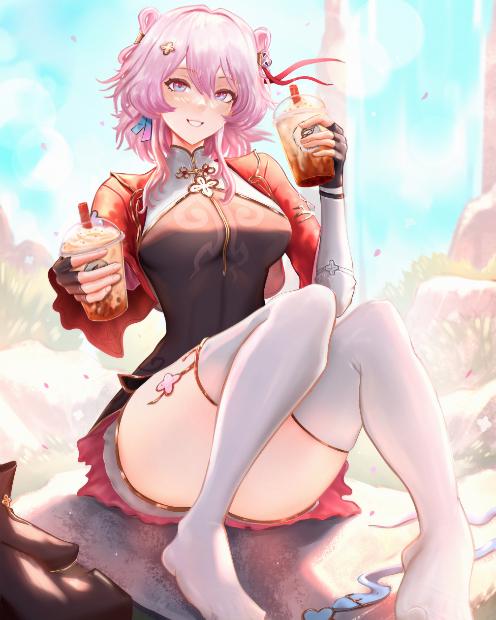 1girl, black_dress, black_gloves, blue_eyes, blue_sky, breasts, bubble_tea, commentary