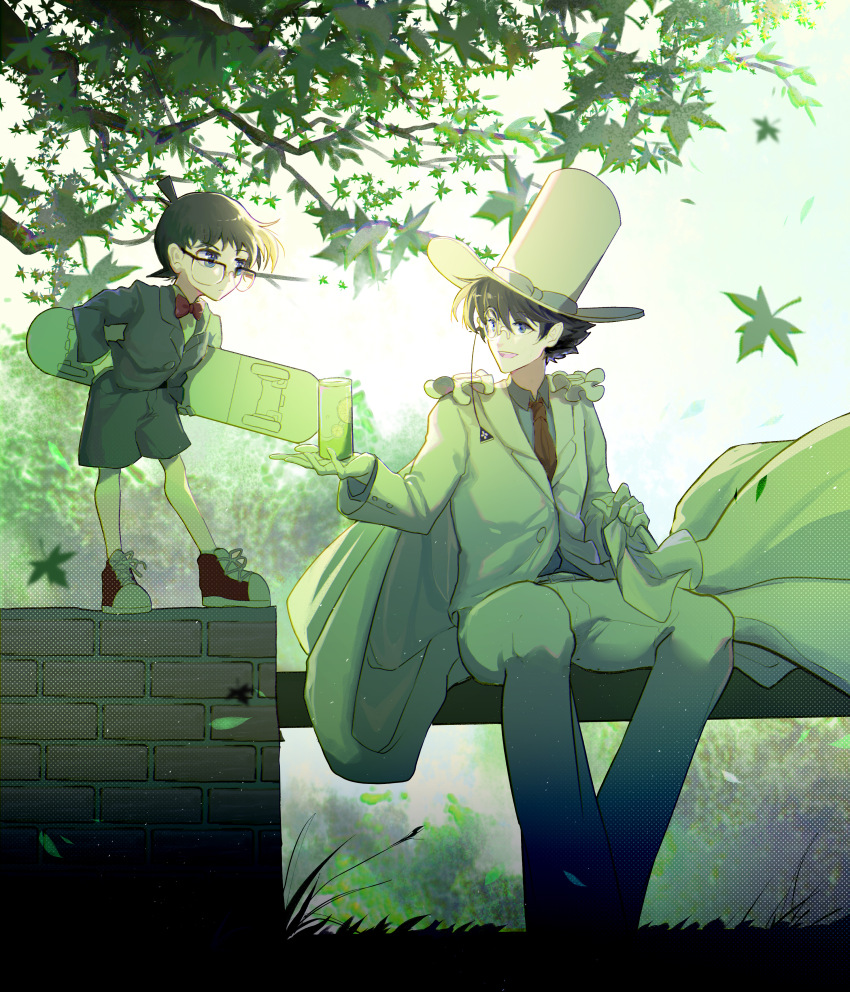 2boys, absurdres, avatra, blue_eyes, blue_jacket, blue_shorts, bow, bowtie