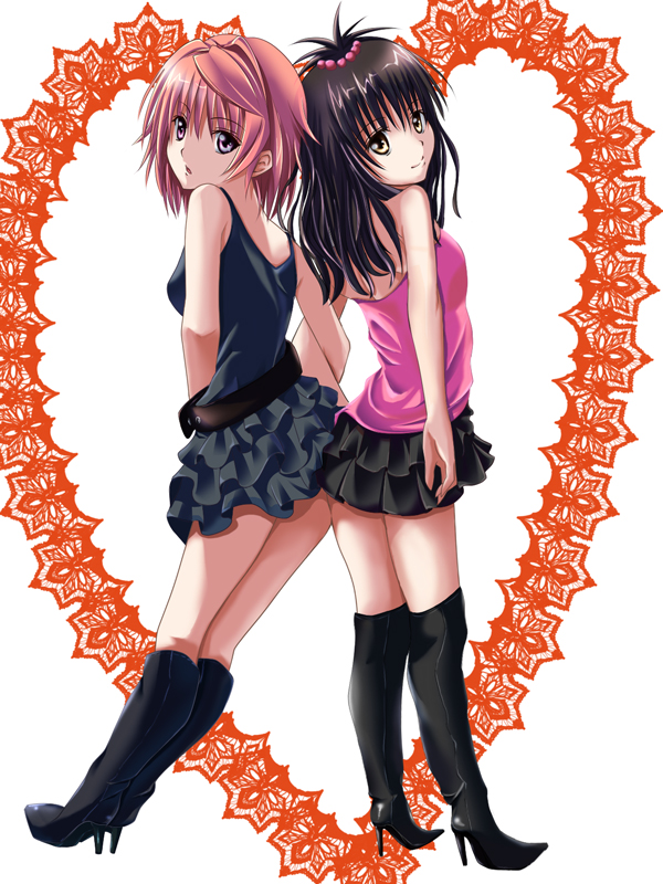 2girls, belt, black_hair, boots, brother_and_sister, brown_hair, dress, gender_request, genderswap, hair_ornament, heart, high_heels, long_hair, multiple_girls, open_mouth, orange_(meitoku), pink_eyes, short_hair, siblings, sisters, skirt, smile, tank_top, thigh_boots, thighhighs, to_love-ru, topknot, yellow_eyes, yuuki_mikan, yuuki_rito, yuusaki_riko