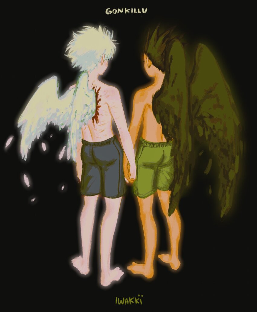2boys, absurdres, angel_wings, arms_at_sides, artist_name, barefoot, bishounen, black_background