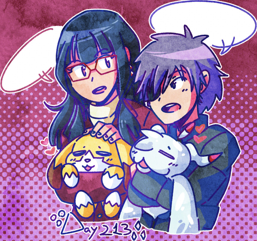 1boy, 1girl, digimon, digimon_(creature), digimon_adventure_02, digimon_adventure_02:_the_beginning, digimon_adventure_tri., eyepatch