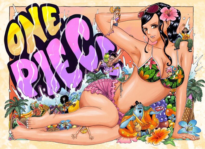 2girls, 6+boys, absurdres, armpits, barefoot, between_legs, bikini, black_hair, breasts, brook_(one_piece), dwalkn, flower, food, franky_(one_piece), fruit, giant, giantess, highres, jinbe_(one_piece), large_breasts, lying, mini_person, miniboy, minigirl, monkey_d._luffy, multiple_boys, multiple_girls, nami_(one_piece), nico_robin, on_side, one_piece, palm_tree, pineapple, roronoa_zoro, sanji_(one_piece), size_difference, smile, summer, sunglasses, sunglasses_on_head, swimsuit, tony_tony_chopper, tree, usopp, water, watermelon