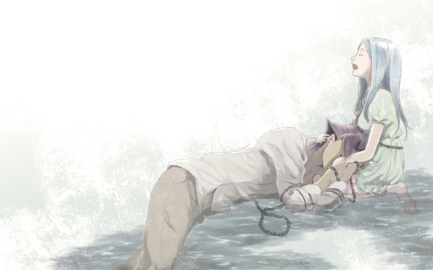 10s, 1boy, 1girl, barefoot, blue_hair, chain, closed_eyes, comforting