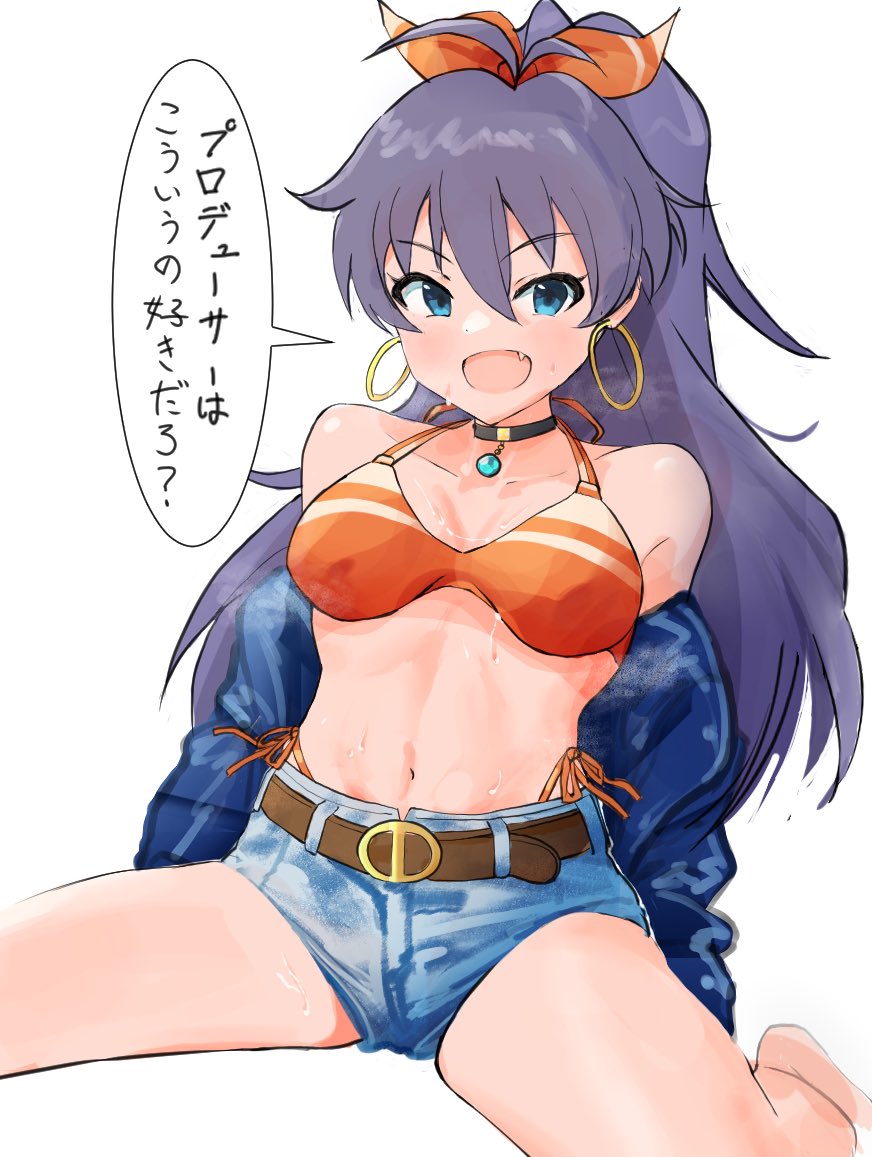 1girl, antenna_hair, bare_shoulders, barefoot, belt, bikini, black_choker, black_hair