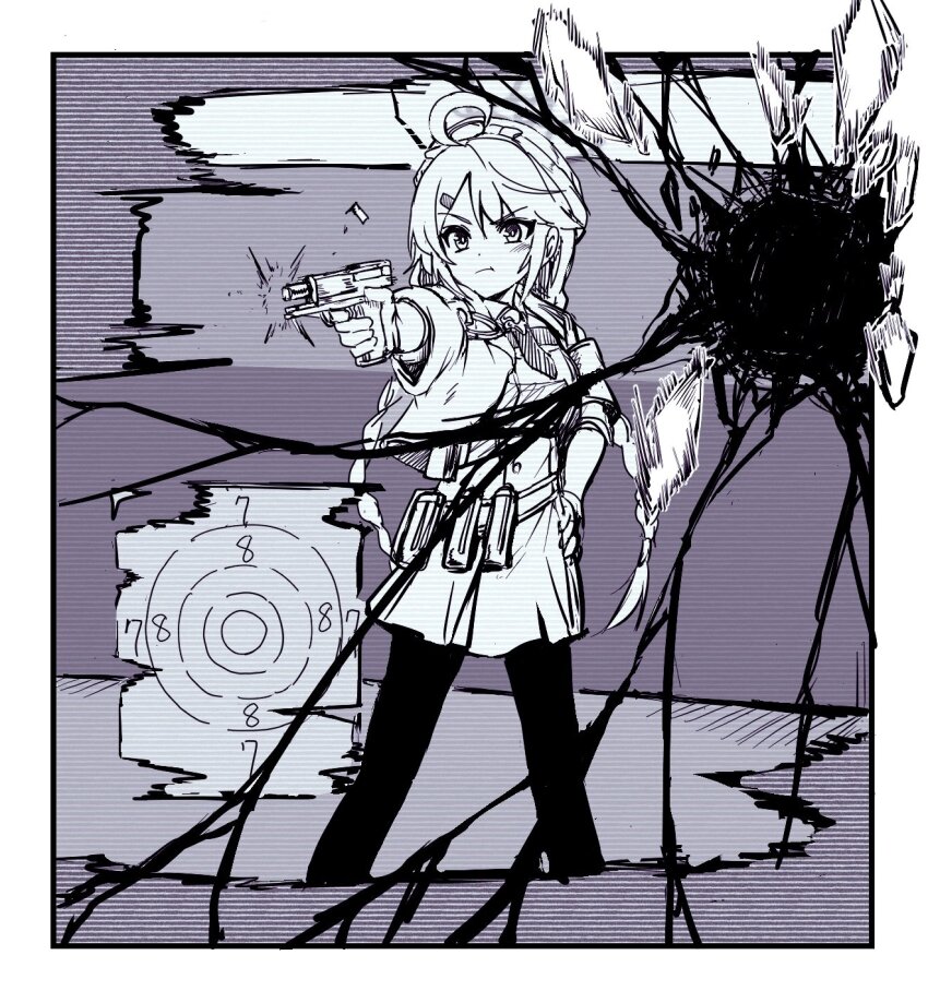 1girl, 2024_summer_olympics, ahoge, blue_archive, broken_glass, casing_ejection, closed_mouth, firing