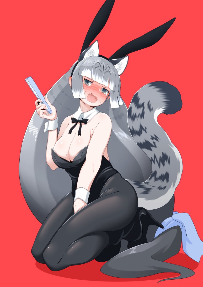 1girl, absurdres, animal_ears, bare_shoulders, black_bow, black_bowtie, black_footwear, black_pantyhose