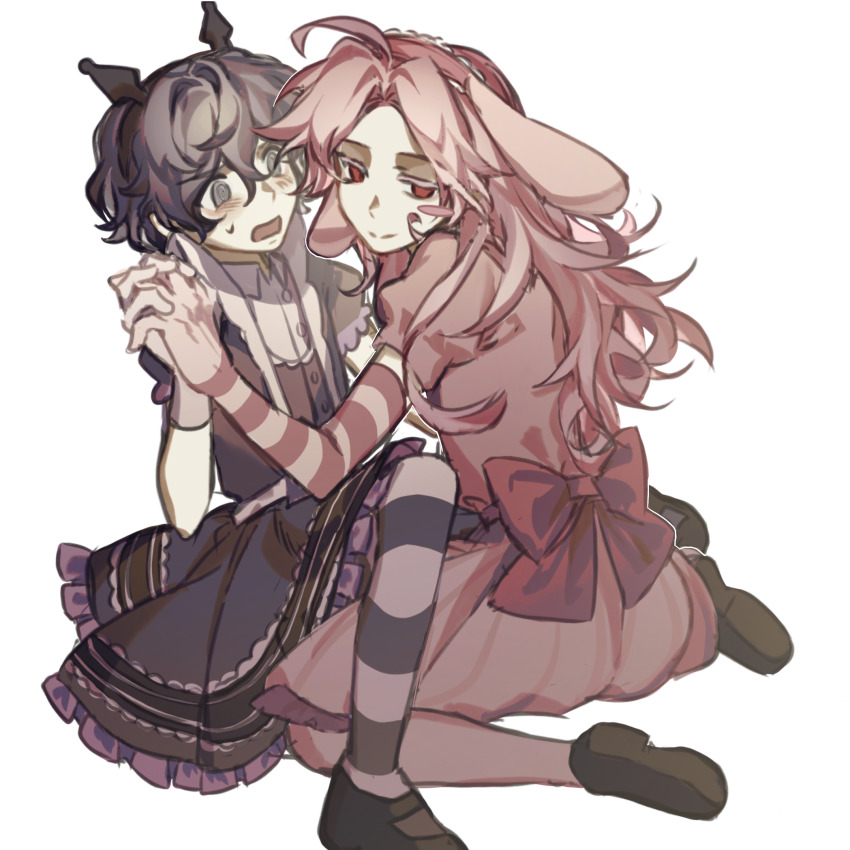 2boys, @_@, ahoge, animal_ears, back_bow, black_dress, black_hair, blush, blush_stickers, bow, brown_shoes, chinese_commentary, chunaizhanshi23057, closed_mouth, collared_shirt, colored_eyelashes, commentary_request, cosplay, crossdressing, crossdressing_(mtf), dress, elbow_gloves, fake_animal_ears, frilled_dress, frills, gloves, grey_eyes, hair_between_eyes, hatsutori_hajime, highres, holding_hands, kuromi, kuromi_(cosplay), long_hair, male_focus, multiple_boys, my_melody, my_melody_(cosplay), my_melody_(series), open_mouth, pantyhose, parted_bangs, pink_bow, pink_dress, pink_gloves, pink_hair, puffy_short_sleeves, puffy_sleeves, red_eyes, saibou_shinkyoku, sanrio, shirt, shoes, short_hair, short_sleeves, simple_background, single_blush_sticker, smile, striped_clothes, striped_gloves, striped_pantyhose, sweat, trap, trap_on_trap, utsugi_noriyuki, white_background, white_gloves, white_shirt, yaoi