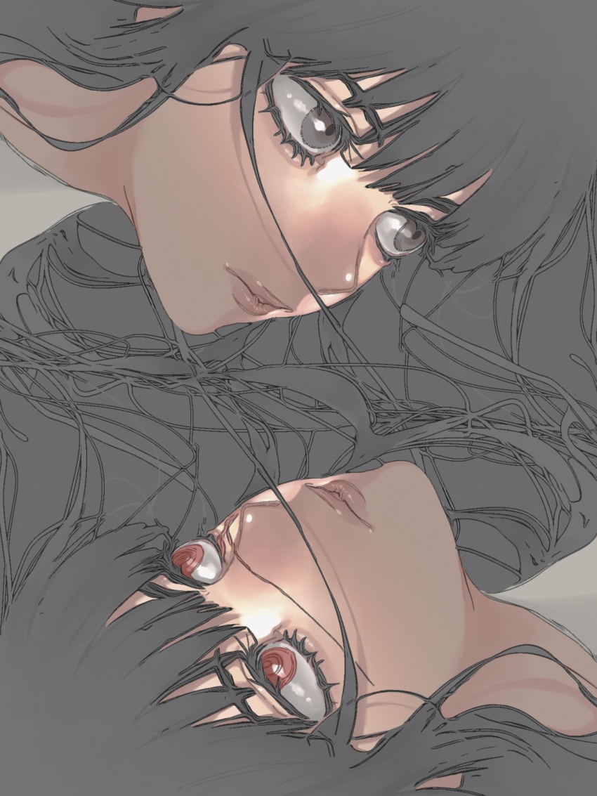 2girls, black_eyes, black_hair, chainsaw_man, closed_mouth, cross_scar, ham_(hamhampy), highres, long_hair, mitaka_asa, multiple_girls, red_eyes, ringed_eyes, scar, scar_on_face, yoru_(chainsaw_man)