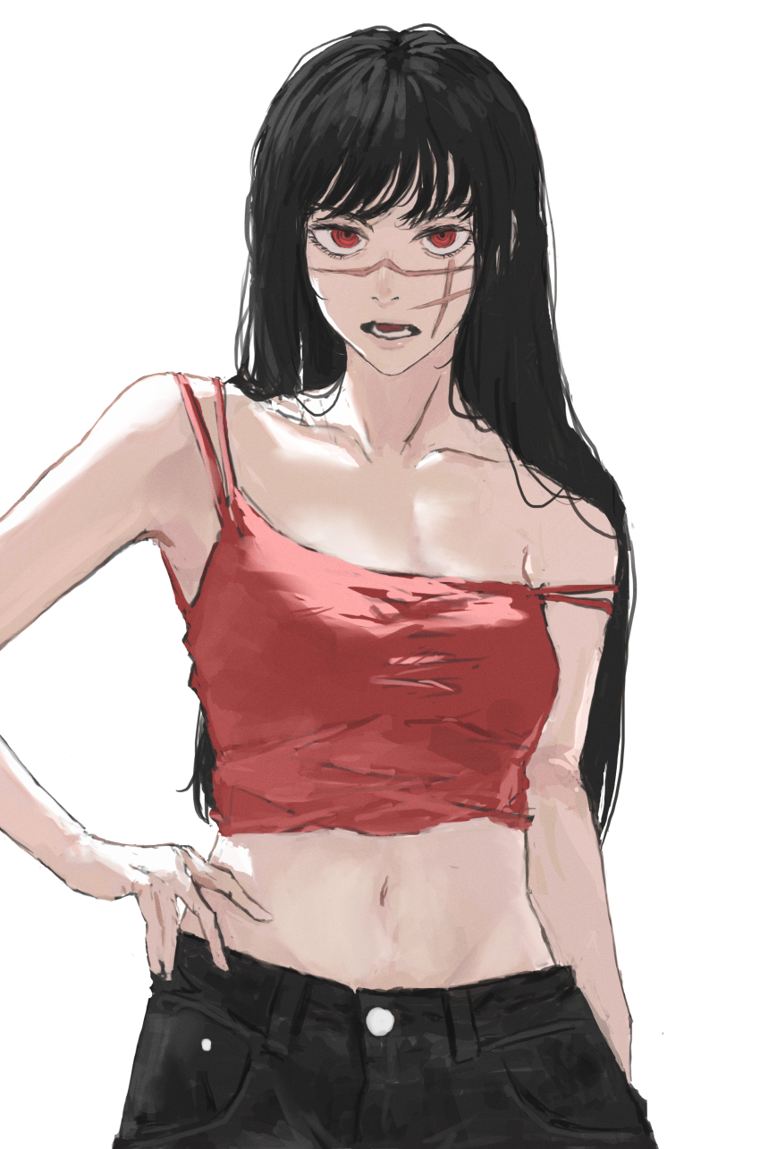 1girl, absurdres, armald0, black_hair, black_pants, breasts, chainsaw_man, cropped_shirt, cross_scar, highres, navel, pants, red_eyes, red_tank_top, scar, scar_on_face, scar_on_nose, simple_background, solo, tank_top, white_background, yoru_(chainsaw_man)