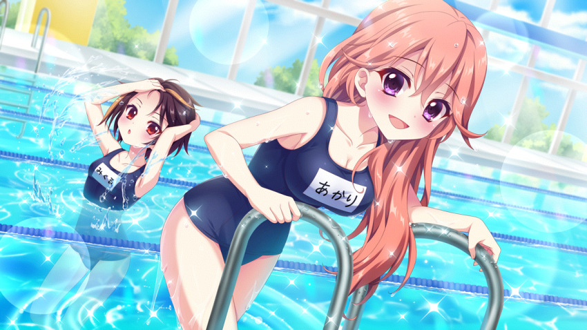 2girls, alternate_hairstyle, armpits, bandou_mikuru, blonde_hair, blue_one-piece_swimsuit, blue_sky, blush