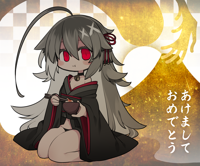 1girl, :t, ahoge, bare_shoulders, bell, black_choker, black_kimono, blush