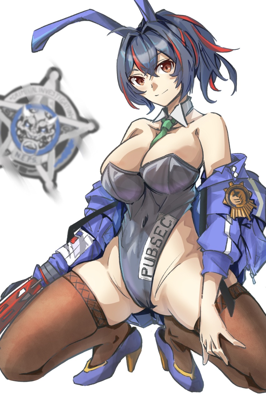 1girl, absurdres, animal_ears, black_hair, black_leotard, blue_footwear, blue_jacket, breasts, brown_eyes, brown_thighhighs, closed_mouth, commentary_request, covered_navel, detached_collar, fake_animal_ears, green_necktie, gun, hair_intakes, high_heels, highres, holding, holding_gun, holding_weapon, jacket, large_breasts, leotard, multicolored_hair, necktie, playboy_bunny, police, police_uniform, policewoman, ponytail, rabbit_ears, red_hair, smile, solo, spread_legs, squatting, streaked_hair, thighhighs, tonke, weapon, zenless_zone_zero, zhu_yuan