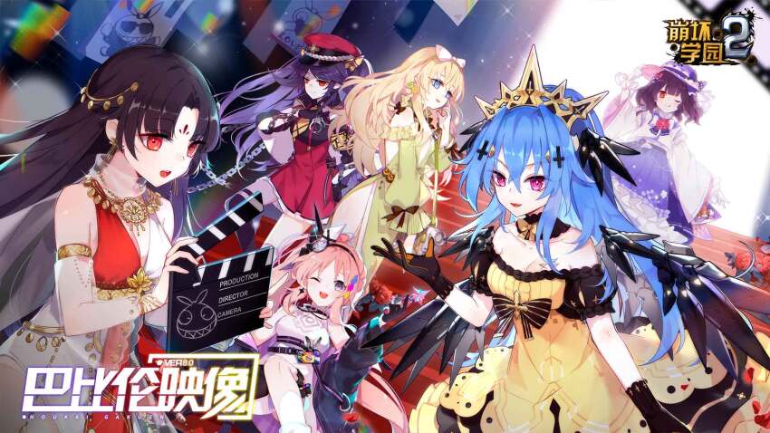 6+girls, armband, armlet, asymmetrical_legwear, bare_shoulders, beret, black_gloves, black_hair