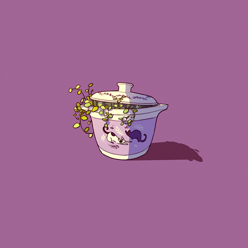 cat, commentary, cup, english_commentary, floral_print, in_container, lid, limited_palette