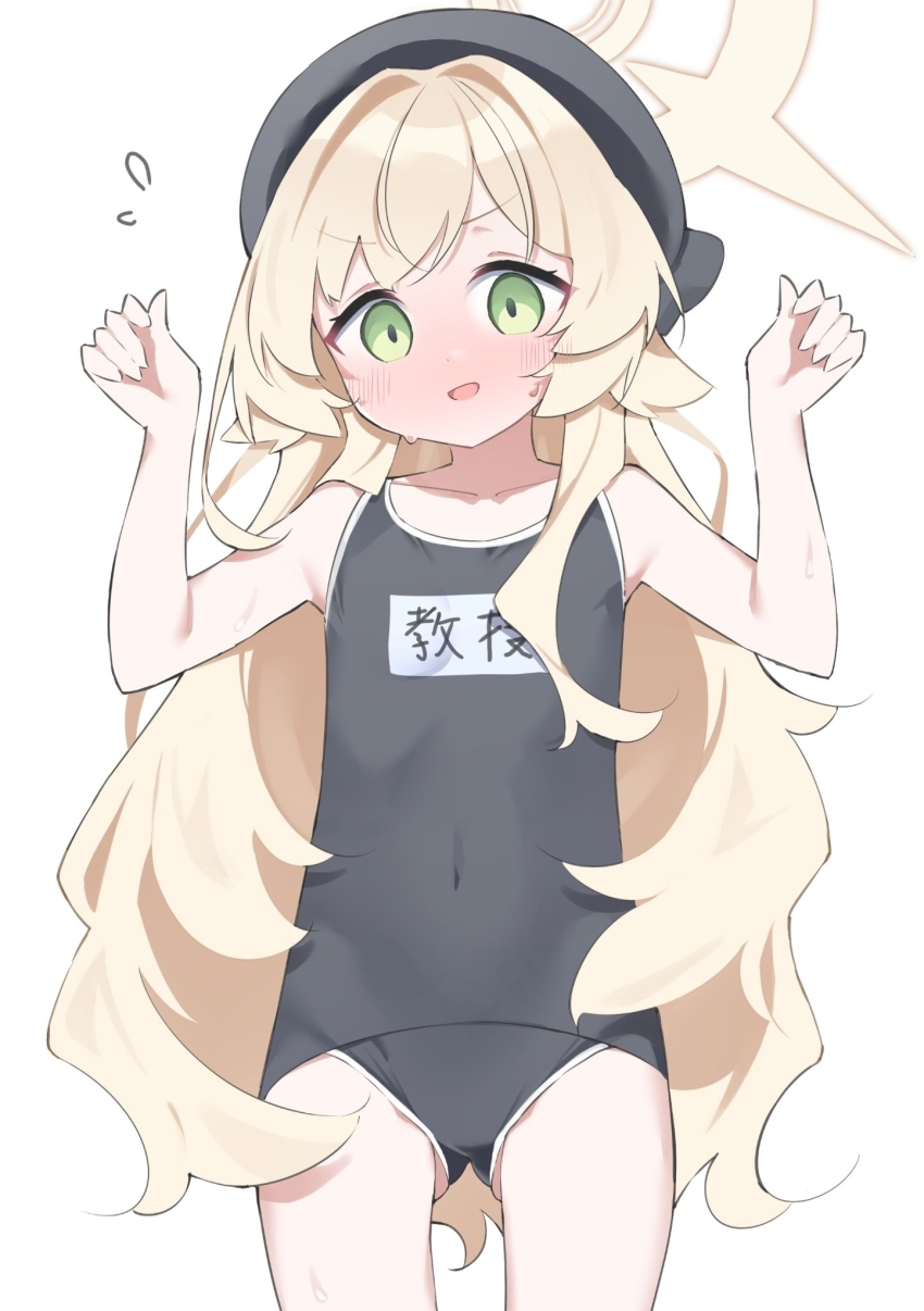 1girl, :d, bare_arms, bare_shoulders, beret, black_hat, black_one-piece_swimsuit, blonde_hair