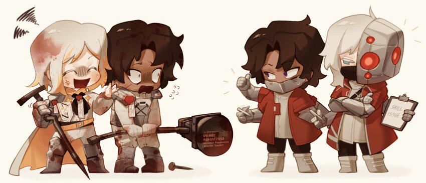 2boys, 2girls, absurdres, anger_vein, armor, artificial_eye, badge, belt