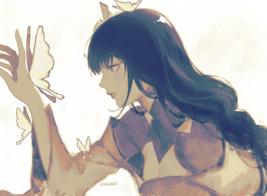 1girl, artist_name, black_hair, blunt_bangs, breasts, bug, butterfly, butterfly_on_arm