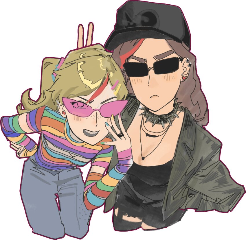 2girls, arm_behind_head, black_choker, black_tank_top, blonde_hair, blush, brown_hair, choker