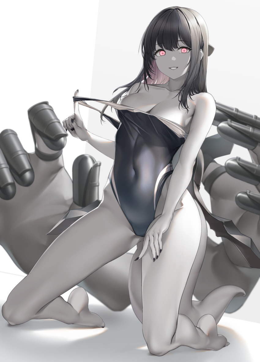 1girl, absurdres, abyssal_ship, barefoot, black_hair, black_nails, breasts, cleavage, clothes_pull, colored_skin, competition_swimsuit, covered_navel, extra_arms, grey_skin, hair_between_eyes, highres, kantai_collection, kneeling, long_hair, looking_at_viewer, medium_breasts, mokuren_(mozukukirai88), multicolored_hair, nail_polish, one-piece_swimsuit, one-piece_swimsuit_pull, outer_southern_sea_destroyer_princess, pink_eyes, pink_hair, simple_background, smile, solo, swimsuit, tail