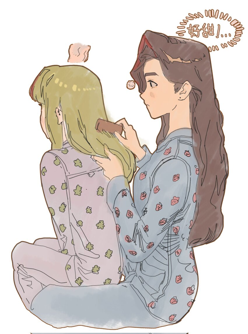 2girls, bad_link, bad_twitter_link, blonde_hair, blue_pajamas, brown_hair, brushing_another's_hair, brushing_hair