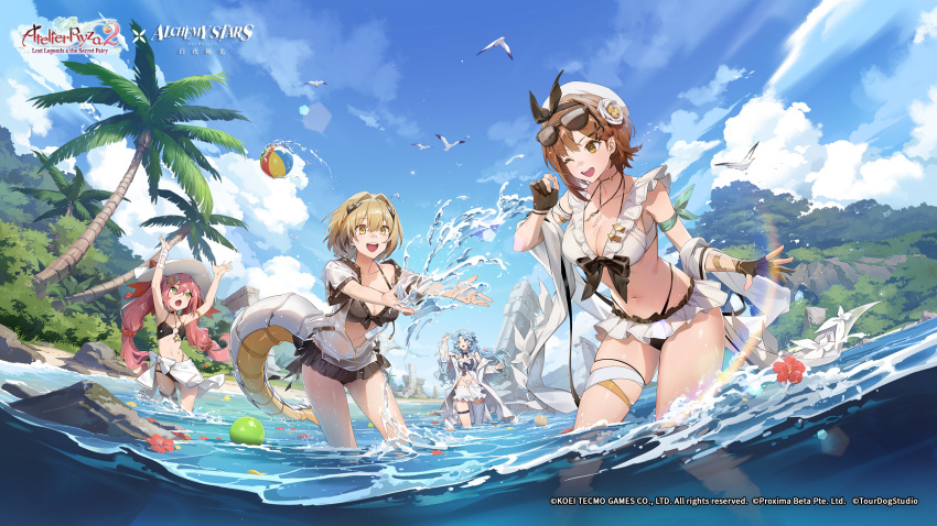 4girls, alchemy_stars, atelier_(series), atelier_ryza, atelier_ryza_2, ball, barbara_(alchemy_stars), beach, beachball, bird, black_gloves, blonde_hair, blue_hair, blue_sky, breasts, cleavage, cloud, coat, flower, frills, gloves, hair_ornament, hair_ribbon, hairpin, hat, highres, jewelry, mountain, multiple_girls, necklace, ocean, official_art, official_wallpaper, one_eye_closed, open_mouth, palm_tree, pink_hair, reisalin_stout, ribbon, rock, seagull, see-through_clothes, sky, splashing, summer, sunglasses, swimsuit, tail, thigh_strap, thighs, tree, twintails, vice_(alchemy_stars), vice_(ray_of_sunshine)_(alchemy_stars), water, yellow_eyes, zarya_(alchemy_stars)