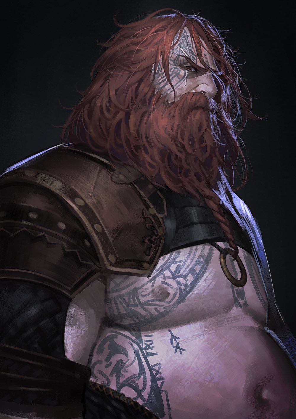 1boy, armor, beard, belly, black_background, bracer, braid, braided_beard