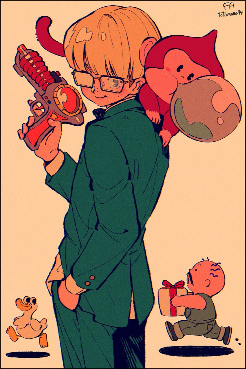 2boys, animal, animal_on_shoulder, bird, blonde_hair, blue_eyes, border, box, bubble_monkey, chewing_gum, duck, dungeon_man_(mother_2), energy_gun, freckles, gift, gift_box, glasses, gun, hair_between_eyes, hand_in_pocket, highres, holding, holding_gift, holding_gun, holding_weapon, jacket, jeff_andonuts, kwsby_124, long_sleeves, looking_at_viewer, mad_duck, male_focus, monkey, mother_(series), mother_2, multiple_boys, nintendo, opaque_glasses, pants, partially_opaque_glasses, ray_gun, simple_background, weapon