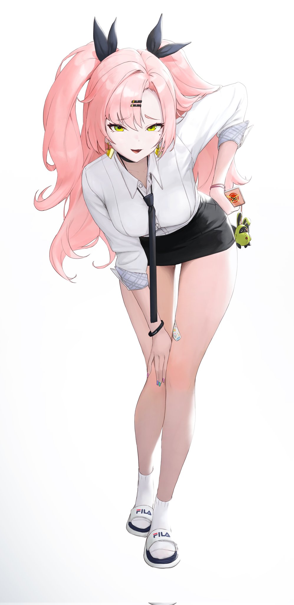 1girl, amillion_(zenless_zone_zero), bandaid, bandaid_on_leg, bare_legs, bent_over, black_necktie, black_ribbon